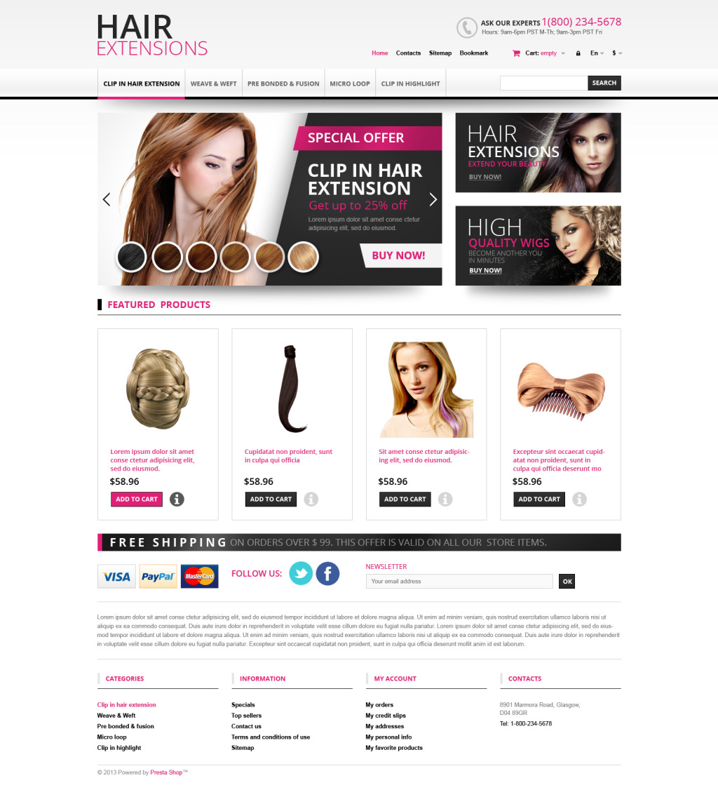 Hair Extensions Store Prestashop Theme 45167