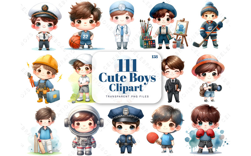 Cute Boys Clipart, Chibi Boy, Children Clipart, Sports Clipart, Football Boy digital paper Illustration