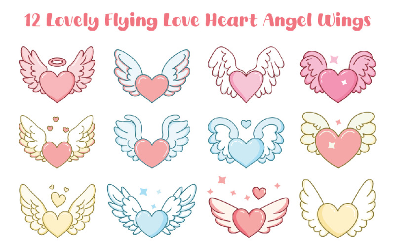 12 Lovely Flying Love Heart Angel Wings Illustration