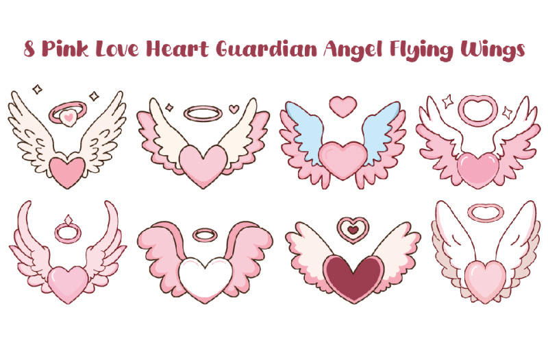 8 Love Heart Guardian Angel Flying Wings Illustration