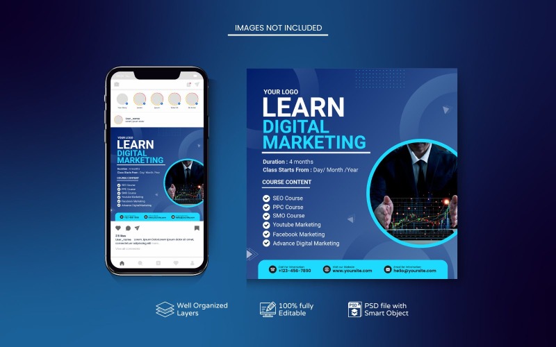 Blue Customizable Online Course Instagram PSD Template Social Media