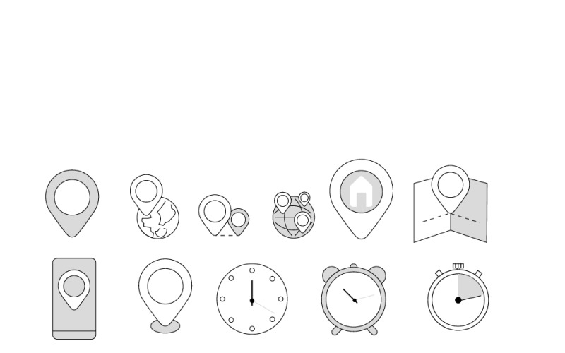 Line icons about location, time and date. Vector Graphic