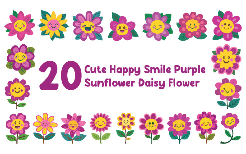 20 Cute Happy Smile Purple Sunflower Daisy Flower Illustration