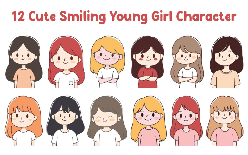 12 Cute Smiling Young Girl Character Illustration
