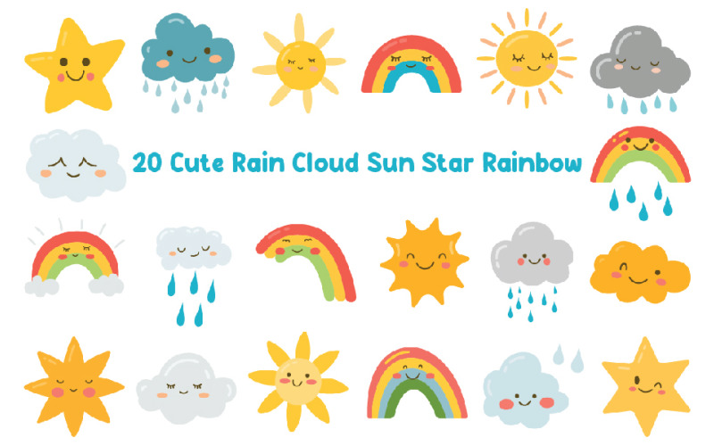 20 Cute Rain Cloud Sun Star Rainbow Illustration