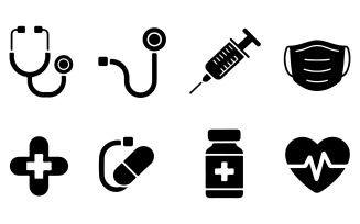 A black icon set of health and doctor symbols on an isolated