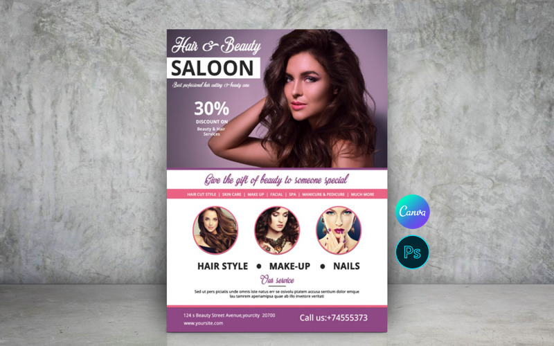Hair & Beauty Care Salon Flyer. Photoshop & Canva Corporate Identity