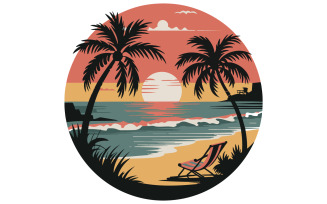 A vintage beach scene with a sunset in the background