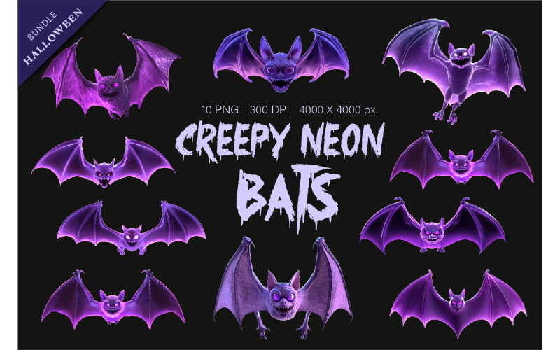 Creepy Neon Bats. Halloween Mascot. Illustration