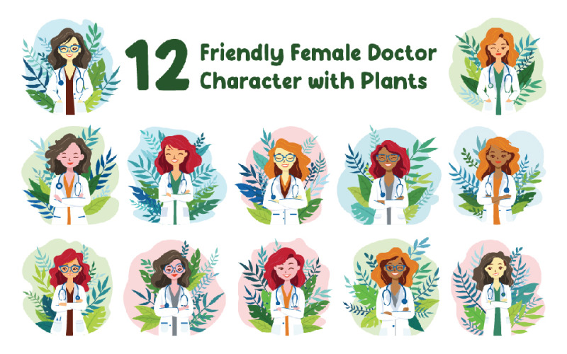12 Friendly Female Doctor Character with Plants Illustration