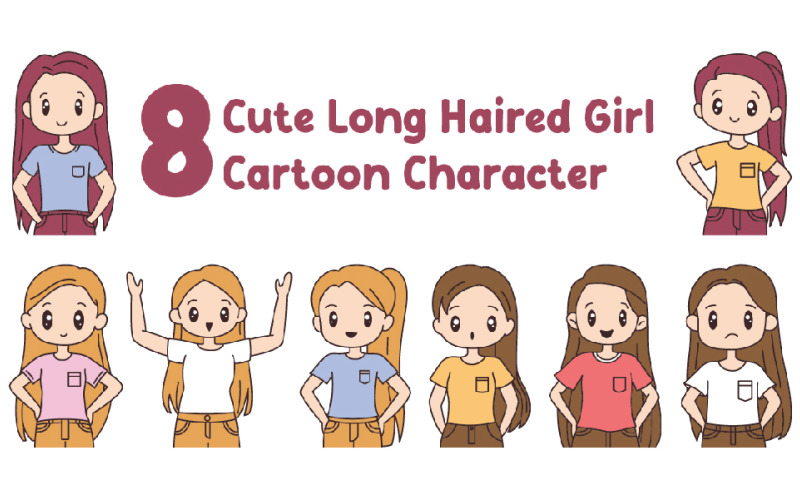 8 Cute Long Haired Girl Cartoon Character Illustration