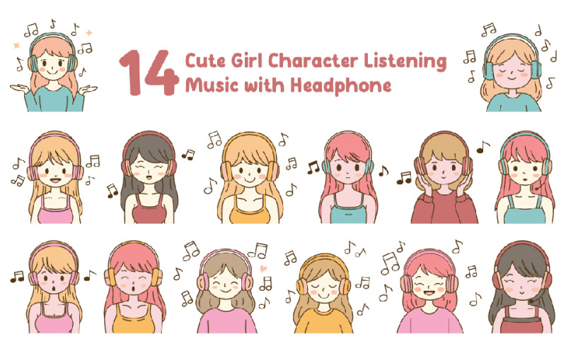 14 Cute Girl Listening Music with Headphone Illustration