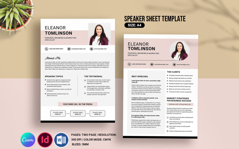 Speaker One Sheet Template. Idesign & Word Corporate Identity