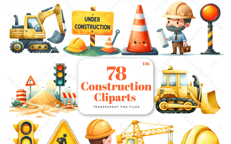 Watercolor Construction Clipart, Construction vehicles clipart, Crane, Bulldozer, Birthday Boy Illustration