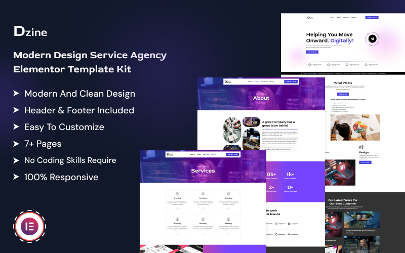 Dzine - Modern Design Service Agency Elementor Template Kit Elementor Kit