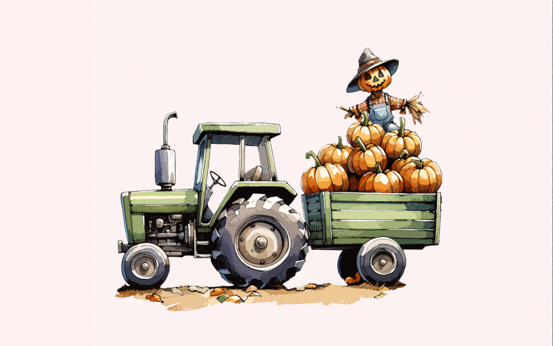 Fall Tractor PNG, Sublimation Designs, Fall png, Watercolor Tractor, Pumpkin Tractor PNG, Toddler Illustration
