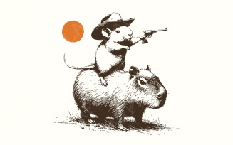Funny Rat Riding Capybara Sketch, Vintage Animals png, Cute Capybara PNG, Cowboy Capybara png,