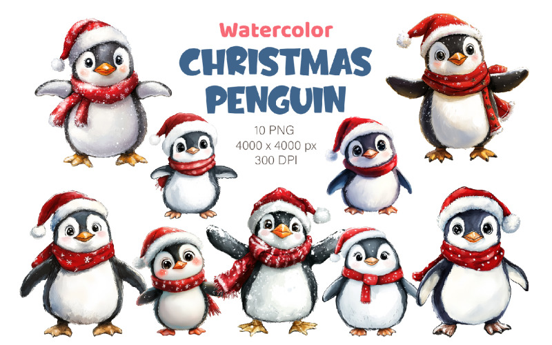 Christmas Penguin. Watercolor PNG. Illustration