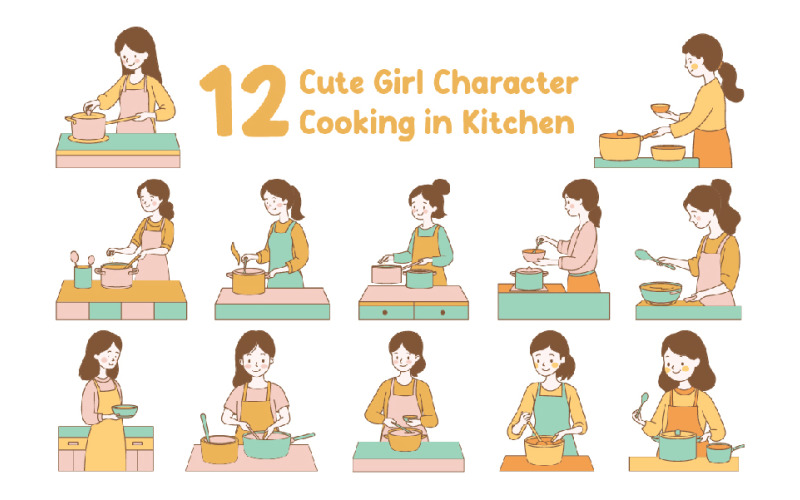 12 Cute Girl Cartoon Character Cooking in Kitchen Illustration
