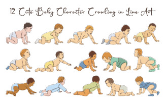 12 Cute Baby Character Crawling in Line Art