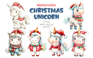 Christmas Unicorns. Watercolor PNG.