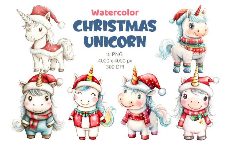 Christmas Unicorns. Watercolor PNG. Illustration