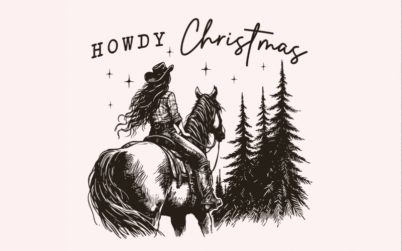 Cowgirl Christmas PNG, Vintage Western Christmas PNG, Retro Western, Christmas Horse PNG, Western Illustration