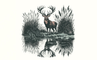 Deer Sublimation Design, Hunting PNG, Vintage Deer Art, Nature Camping Wildlife, Deer at Lake