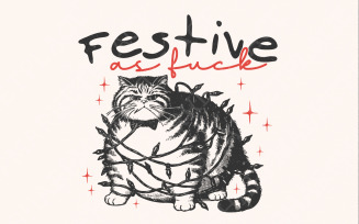 Festive as Fuck Christmas Cat PNG, Vintage Christmas Cat with Lights, Retro Cat Christmas Digital