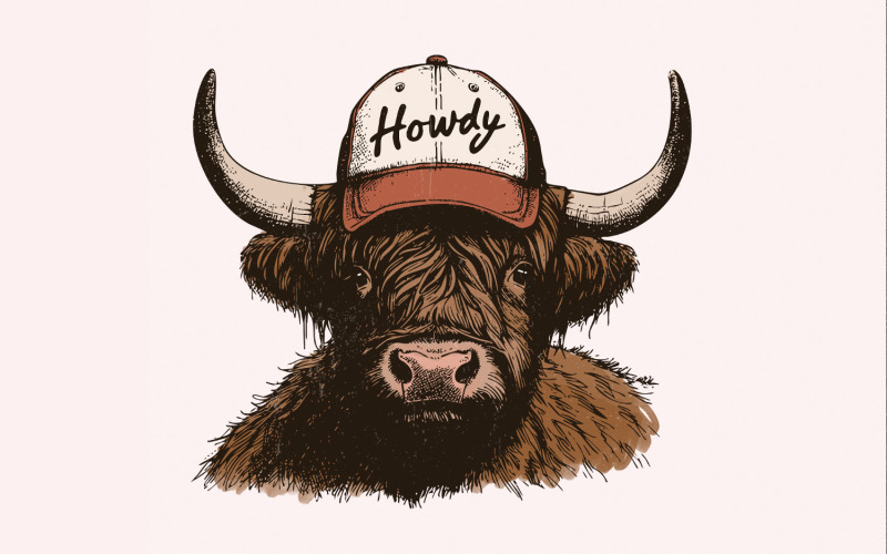 Howdy Western PNG, Highland Cow Design, Trendy Sublimation, Cowgirl png, Cowboy PNG, Southern png, Illustration