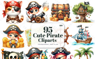 Cute Pirate Clipart Bundle, Watercolor Clipart, Card Making, Scrapbooking