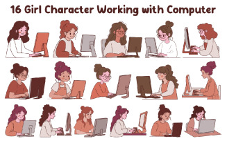 16 Girl Character Working with Computer