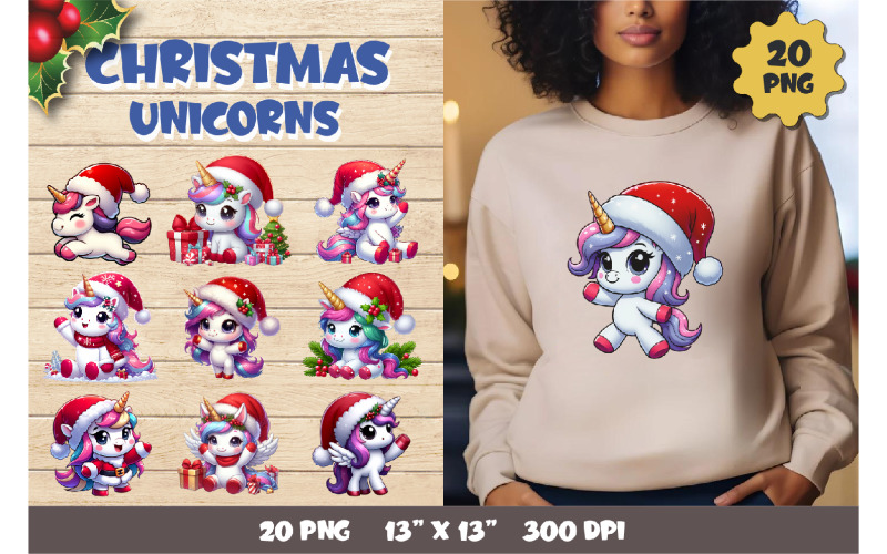 Cute Christmas Unicorns. Clipart, PNG. Illustration