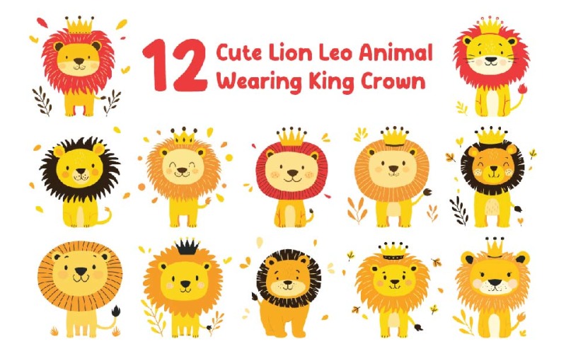 12 Cute Lion Leo Animal Wearing Crown Illustration