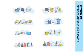 Kitchen set creative doodle flat illustration template collection.