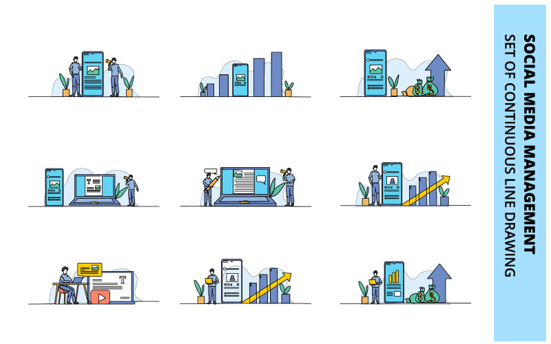 Social Media Management creative doodle flat illustration template collection. Illustration