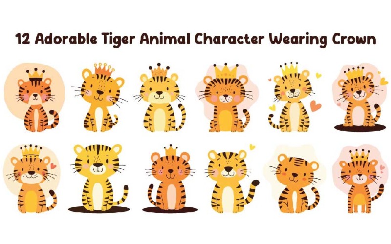 12 Adorable Tiger Animal Character Wearing Crown Illustration