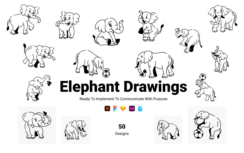 Modern Elephant Drawing Icons Icon Set