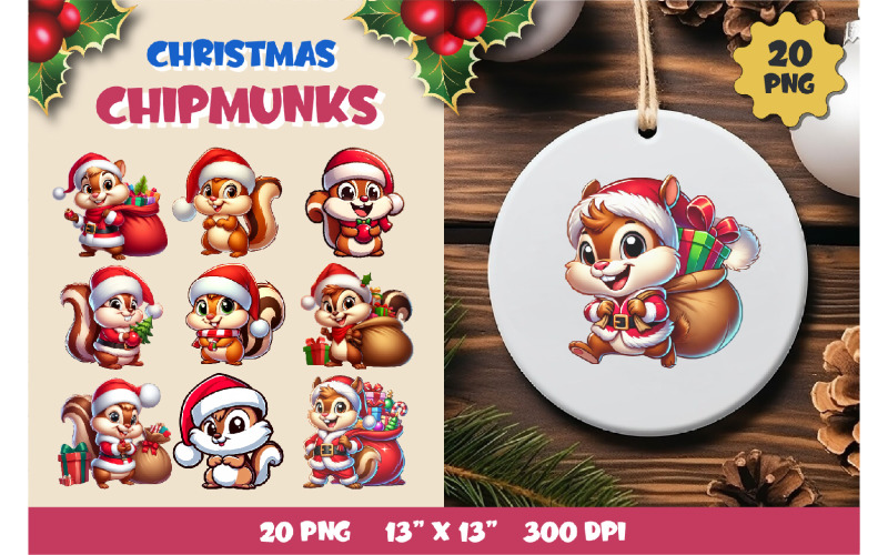 Cute Christmas Chipmunks. Clipart, PNG. Illustration