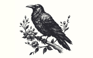 Crow Clipart PNG, Gothic Art Illustration, Raven Skull png, Floral Crow png, Watercolor Raven Ink,
