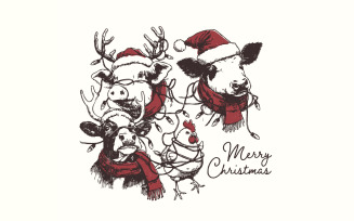 Cute Christmas Farm Animals PNG, Retro Farm Xmas Clipart, Highland Cow, Christmas Dairy, Vintage
