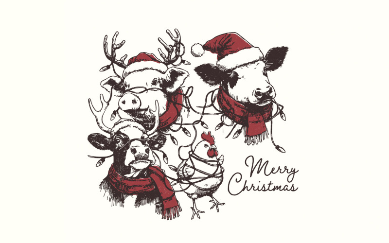 Cute Christmas Farm Animals PNG, Retro Farm Xmas Clipart, Highland Cow, Christmas Dairy, Vintage Illustration