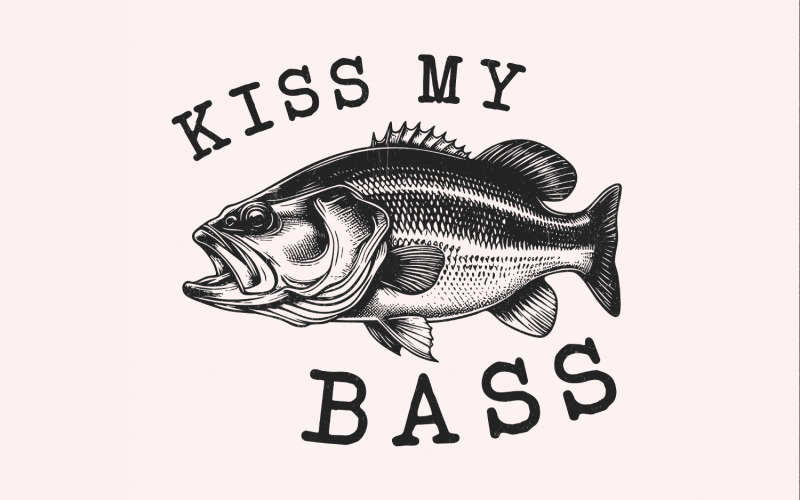 Kiss My Bass PNG Sublimation Design, Fishing Life, Hand Drawn Fish, Retro Vintage, Instant Digital Illustration