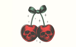Skull Cherries PNG, Trendy Retro Halloween, Vintage Skull Fruit Digital Art, Coquette Cherries,