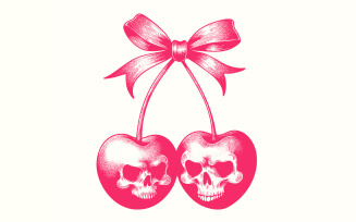 Skull Cherries PNG, Trendy Retro Halloween, Vintage Skull Fruit Digital, Coquette Cherries, Spooky