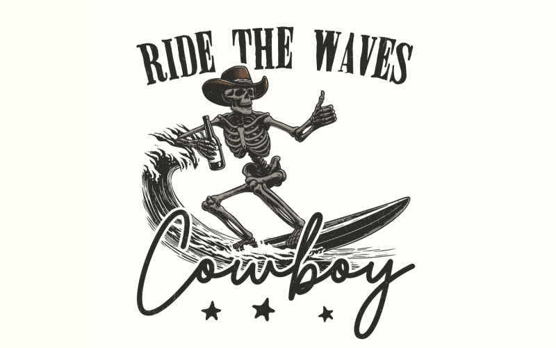 Surfing Cowboy Skeleton png, Trendy Western PNG Designs, Cowboy Summer Vibe, Beach Cowboy Illustration