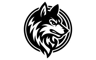 A black and white logo with a wolf head