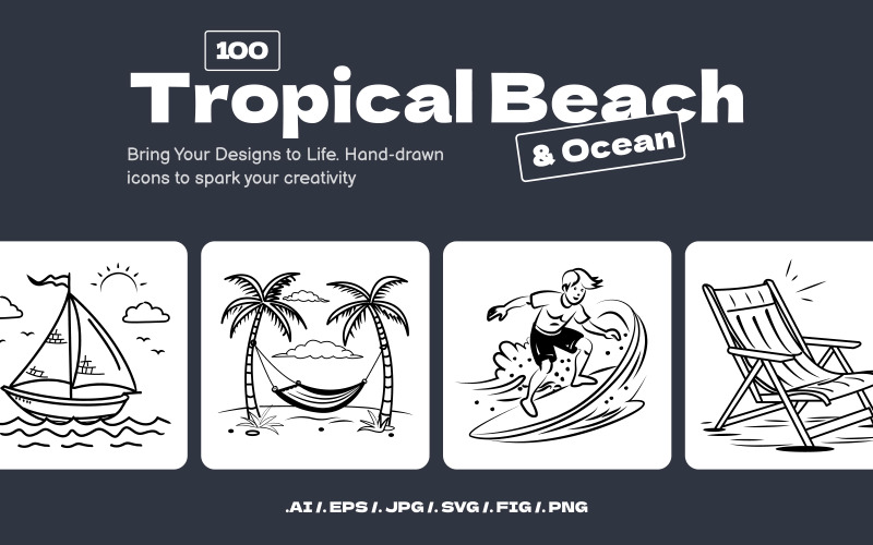 Tropical, Beach, and Ocean Doodles Icon Set