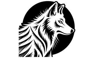 A black and white illustration of a wolf