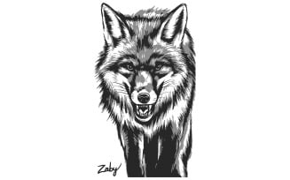 A black and white drawing of a fox